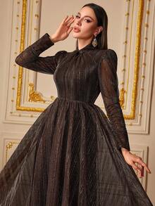 女士优雅 V 领长袖鸡尾酒会连衣裙，采用闪亮面料拼接，公主风格 - 棕色 - 查看 6