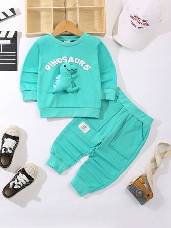 2pcs/Set Boys Casual Autumn/Winter Outfit, Includes Letter Print & 3D Dinosaur Graphic Sweatshirt Jacket And Comfortable Pants, Suitable For Outings, Vacation, And Outdoor Activities