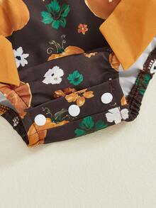 Newborn Girl Outfit, Long Sleeve Crew Neck Pumpkin Flowers Print Romper With Hairband Halloween Clothes - Black - View 10