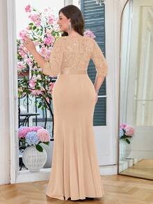 Vestido formal elegante com lantejoulas contrastantes, renda floral, franzido e drapeado na frente, para festa noturna, vestido de outono, vestido de baile para convidada de casamento, para formatura, jantar, festivais