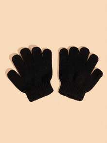 3 Paar einfarbige Kinderhandschuhe, Kinder Winter Vollfingerhandschuhe gestrickt, Kinder elastische warme Handschuhe, Unisex Jungen & Mädchen, Schwarz - Stil 1 - Übersicht 4