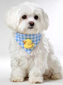1pc 3D Little Yellow Duck & Blue/White Plaid Pet Bandana, Suitable For Small Dogs And Cats - Multicolor - View 1