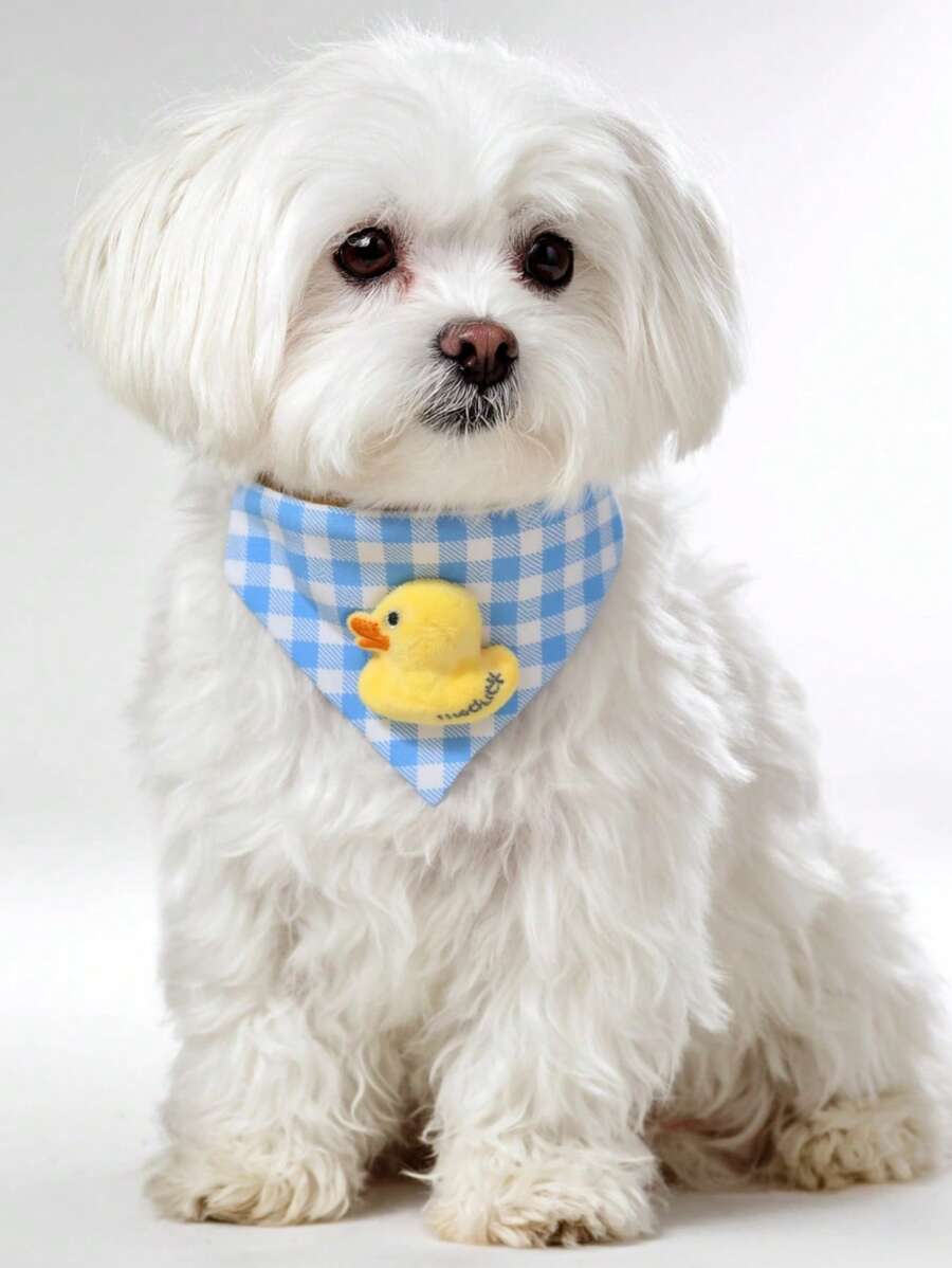 1pc 3D Little Yellow Duck & Blue/White Plaid Pet Bandana, Suitable For Small Dogs And Cats - Multicolor - View 1