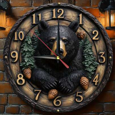 Black Bear Wooden Wall Clock - Silent Movement, Farmhouse Style, Easy To Read, No Ticking Sound, AA Battery Powered, Batteries Not Included - Perfect For Kitchen, Bedroom, Office Decoration - 10inch,Wall Decor,Valentines Decor,Home Décor>Stuff,Wall Clock