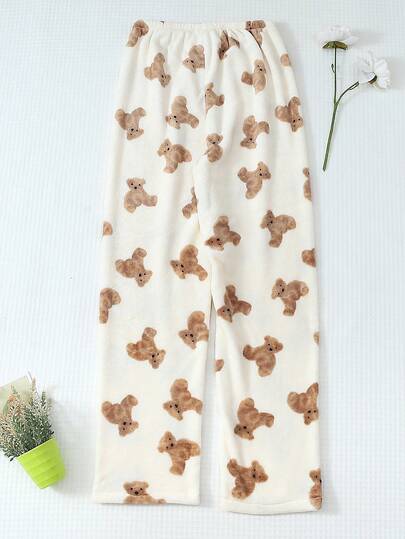 1pc Schattige Apricot Teddy Bear Print Thermal Lined Zachte Com Tafel Flannel Fluffy Pajama Pants, Cozy view 2