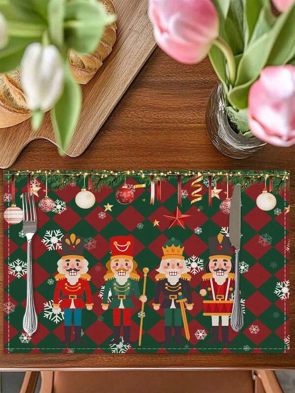 Juego de 1/2/4/6/8 piezas de manteles y banderas de mesa con diseño de copos de nieve y cascanueces navideños, manteles rectangulares aislados de lino, caminos de mesa, adecuados para fiestas festivas, cocina, restaurante y decoración de mesa en el hogar