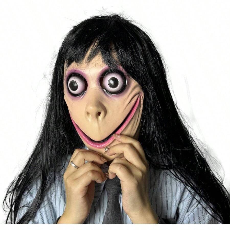 MOMO Mask For Adults - Terrifying Latex Horror Mask With Long Black Wig, Creepy Halloween Demon Costume, Perfect For Scary Cosplay Themed Party Props - 白色 - 查看 1