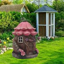 تمثال بيت الأساطير الربيعية من الراتنج - كوخ خيالي بسقف وردي وتفاصيل زهرية، مثالي لديكور حديقة خارجية، زخرفة الباحة، موضوع عالم السحر والخيال، هدية عيد ميلاد مثالية