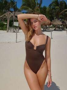 Women's V-Neck Underwire Spaghetti Strap One Piece Swimsuit, Sexy Beach Wear