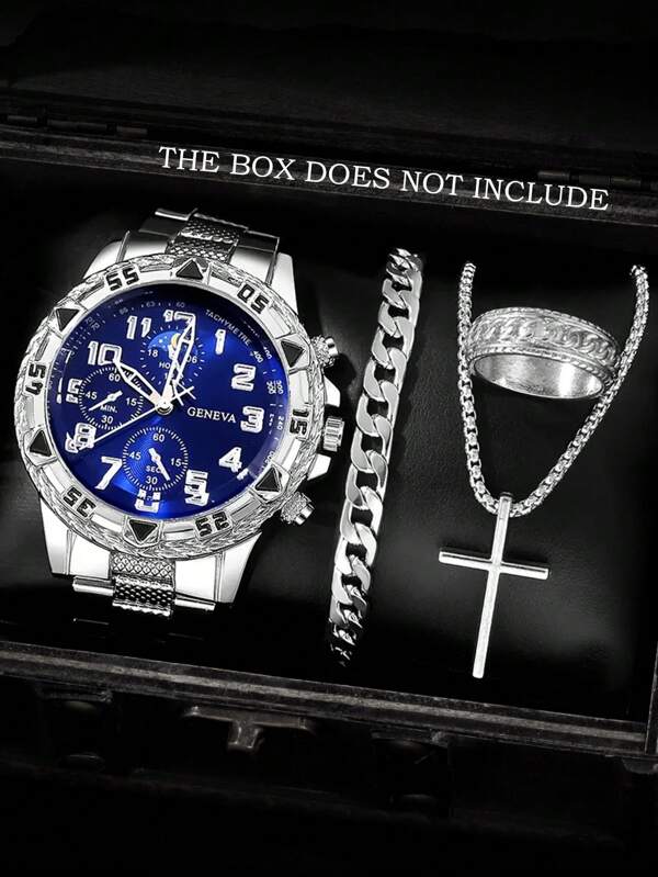 Conjunto de joyería de 4 piezas: Reloj de cuarzo para hombre con esfera grande y correa de acero, pulsera con cadena personalizada, collar con colgante de cruz y anillo. Adecuado como regalo para hombres, para festivales, negocios, fiestas y uso diario.