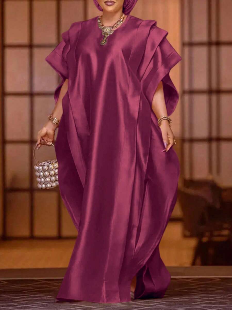 大码女式纯色圆领蝙蝠袖短袖宽松休闲连衣裙,优雅夏季款 - 酒紅色 - 查看 1