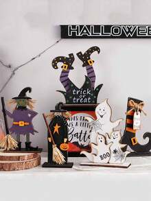 1pc/5pcs Halloween Wooden Sign Decoration Set, 5 Classic Styles For Halloween Indoor Decoration, Table Centerpiece, Halloween Ambiance Decorative Wooden Ornament, Halloween Decoration Home Decor Fall Decor Room Decor Autumn Decor - Multicolor - View 2