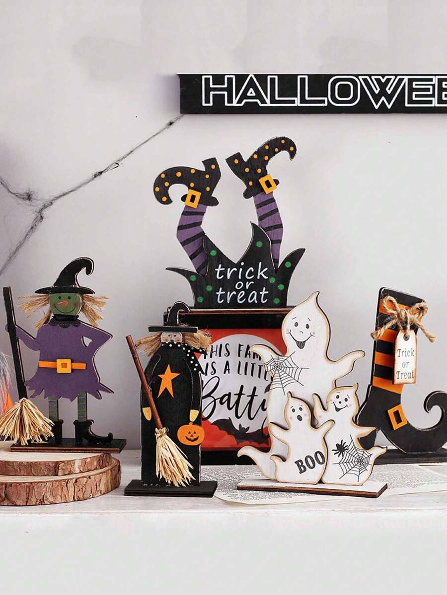 1pc/5pcs Halloween Wooden Sign Decoration Set, 5 Classic Styles For Halloween Indoor Decoration, Table Centerpiece, Halloween Ambiance Decorative Wooden Ornament, Halloween Decoration Home Decor Fall Decor Room Decor Autumn Decor