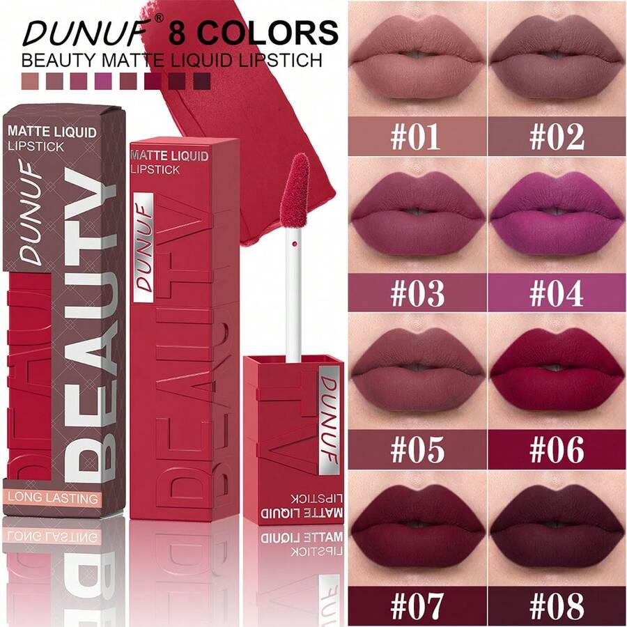 DUNUF 1pcs Liquid Matte Lipstick Velvet Matte Women'S Makeup ,Long-Lasting Waterproof Non-Stick Cup Non-Fade Lip Gloss , Waterproof And Long-Lasting,Ideal For Holidays And Halloween, Christmas, Valentine'S Day - 彩色 - 查看 1