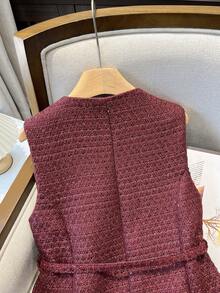 GMFP 优雅派对上衣，女士休闲时尚金属纽扣圆领修身腰带亮片粗花呢柔软羊毛酒红色背心外套，新年/情人节