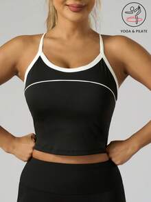 Áo thể thao hai dây phối màu dành cho nữ, có đệm ngực tích hợp, thiết kế lưng chữ Y, áo tập yoga nâng đỡ phù hợp cho tập thể dục, chạy bộ, màu đen mùa hè. - màu đen - Xem 3