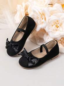 1 Pair Girls' Children Bow Decor Black Velvet Soft Comfortable Round Toe Elastic Slip-On Flat Shoes, Simple & Fashionable For Outdoor, School, Performance, All Season