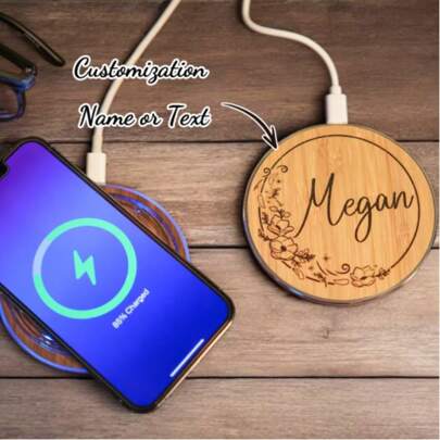 Wireless Phone Charger Custom Wood- Personalized With Name & Design - Unique, 15W Fast Charging - Perfect Gift!