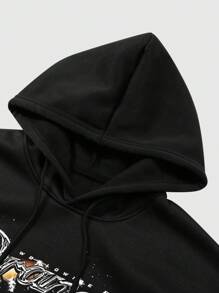 Felpa classica nera da uomo, casual e ampia, con motivo creativo a cartone animato di ramen, stile minimalista, collo, polsini e orlo a costine per una vestibilità durevole e il mantenimento della forma