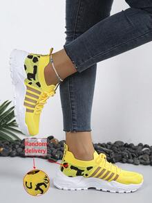 2025 New Fashion Women's Leopard Print Sneakers, Breathable Lace-Up Casual Thick Sole Running Shoes, Versatile Classic Breathable Shoes, Plus Size White Athletic Shoes - Yellow - View 6