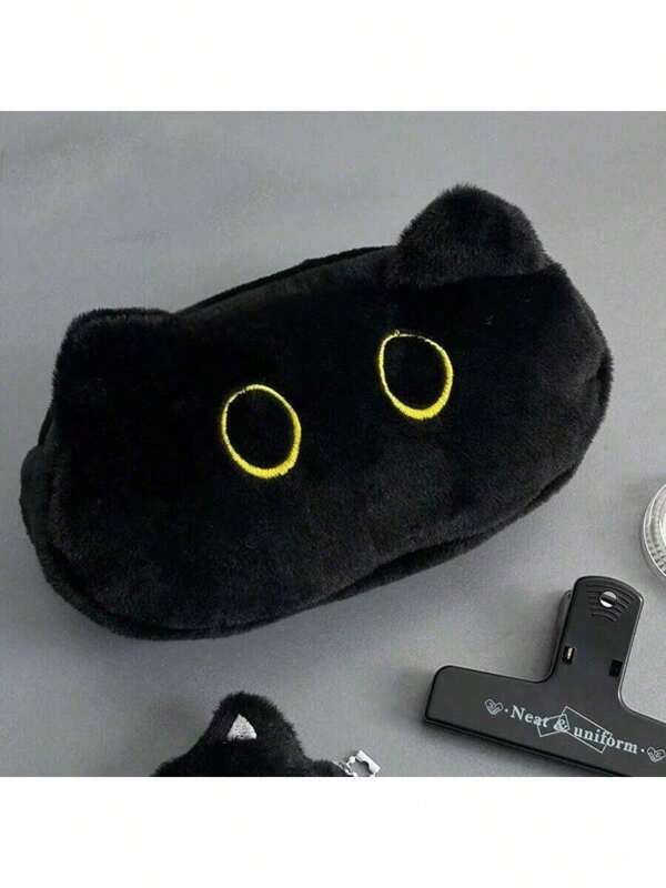 1pc Cute Black Cat Pencil Case - Large Capacity, Soft & Durable Stationery Storage Box With Adorable Yellow Eyes, Ideal For Back To School, Pencil Pouch