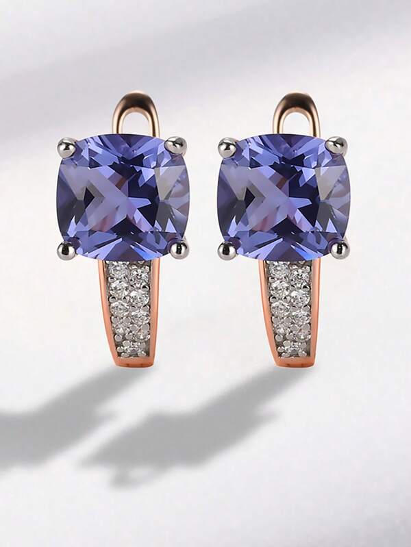 925 Sterling Silver Square Tanzanite Stud Earrings, Sparkling Romantic Luxury Style, Suitable For Weddings, Parties, Anniversary, Valentine's Day And Other Formal Occasions