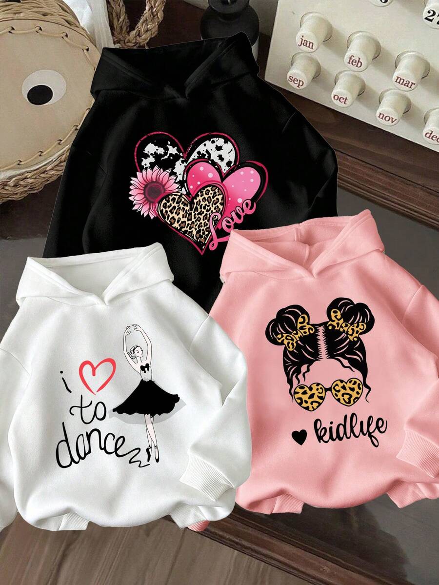 3pcs/Set Toddler Cartoon Pattern Warm Hooded Sweatshirts - Multicolor - View 1