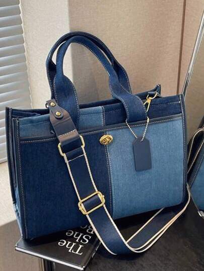 时尚、经典、休闲撞色双提手手提包，大容量，方形包身，轻便易携，可侧挂，学院风帆布包，撞色设计，做旧水洗面料，街头风单肩包/手提包，适合旅行、购物、通勤、户外活动和校园使用。