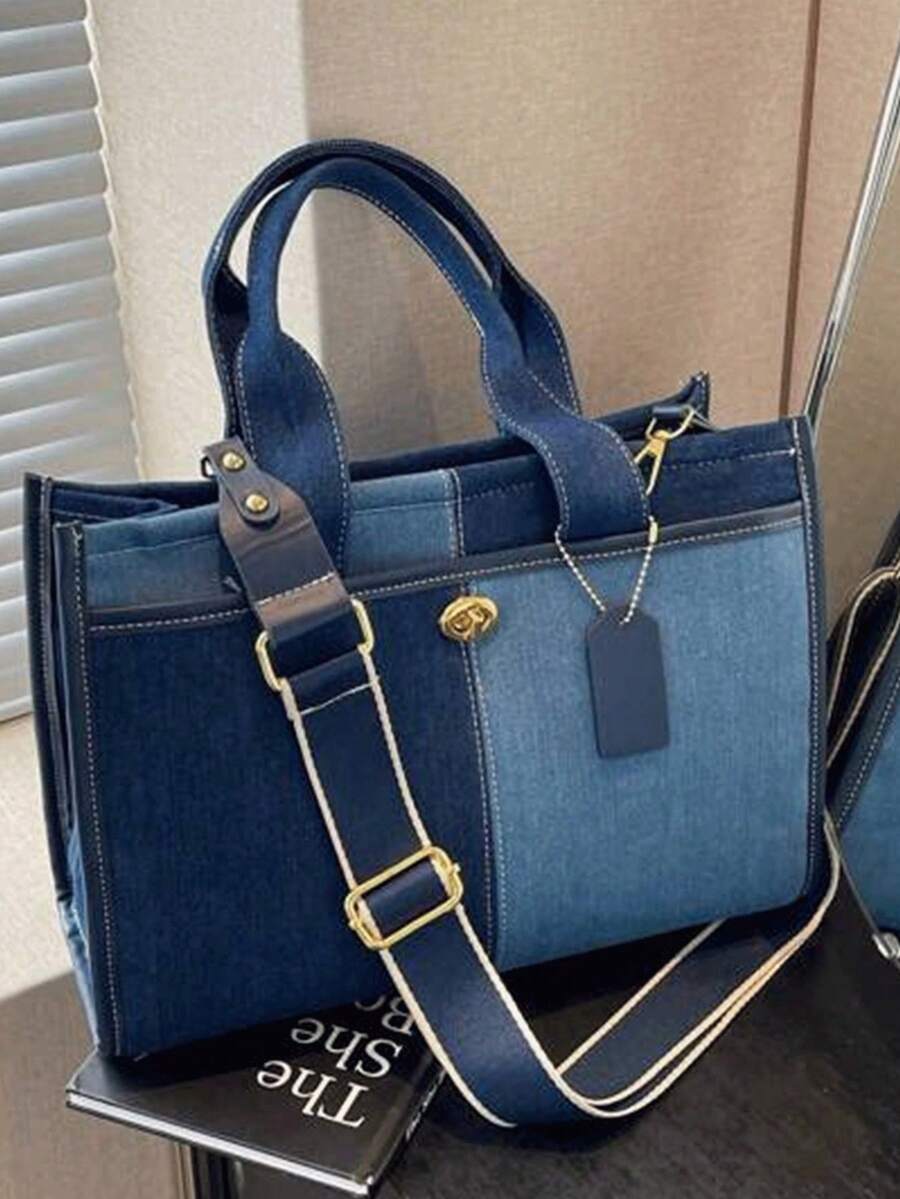 Túi xách tay đôi thời trang, cổ điển, giản dị với phối màu tương phản, dung tích lớn, hình vuông, nhẹ và dễ mang, có thể đeo bên hông, kiểu túi vải bố dành cho sinh viên, thiết kế phối màu tương phản, vải mài bạc, túi đeo vai phong cách đường phố, túi tote, thích hợp cho du lịch, mua sắm, đi làm, hoạt động ngoài trời và sử dụng trong khuôn viên trường. - Màu xanh lam - Xem 1