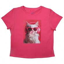 Playera Juvenil de Manga Corta en Tejido de Punto Estampada con Gato Moderno - Rosa coral - Ver 2