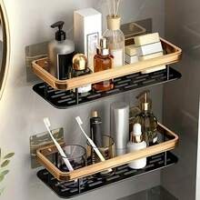 1pc/2pcs Wall Mounted Shower Rack, Large Capacity, Aluminum Alloy, No Drilling Required For Installation, Stick-On Bathroom Shower Rack, Floating Shelf For Bathroom And Kitchen, Storage Rack, Space Saving, Easy To Install, For Storing Toiletries, Cosmetics And Sundries, Toilet, Bathroom, Dressing Table, Shower Room Bathroom Accessories Bathroom Tools