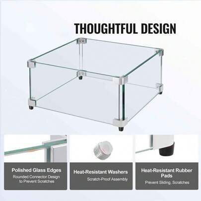 KOMHTOM Windschutz für Gasfeuerstellen für quadratischen Feuertisch, 493 x 493 x 191 mm, klarer gehärteter Windschutz für Feuerstellen, 8 mm dicker quadratischer Glasschutz, Glasplatte mit harter Eckhalterung und Füßen, winddicht, für Treffen im Freien am Fluss, im Garten, auf dem Balkon oder bei Partys, einfach zu montieren