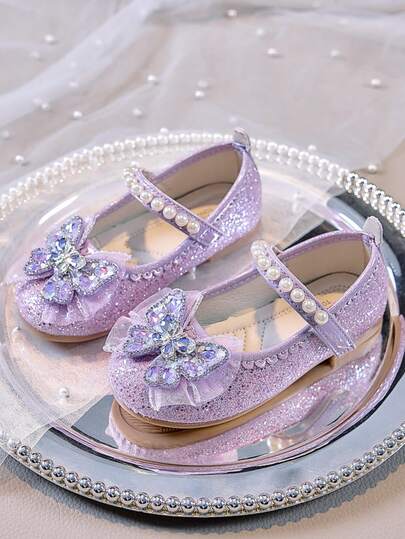 1 双女童软底皮革玛丽珍鞋，闪亮蝴蝶结和水钻装饰，适合 3-12 岁公主
