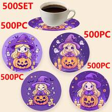 1set/500sets 4pcs/Set Halloween Ghost, Witch Hat, Skeleton, Spider Web, Zombie, Bat, Bare Branch, Tombstone Coasters, Polyester Rubber Coaster Set, Suitable For Bars, Offices, Homes, All Occasions, Size: 3.94 X 3.94 Inches