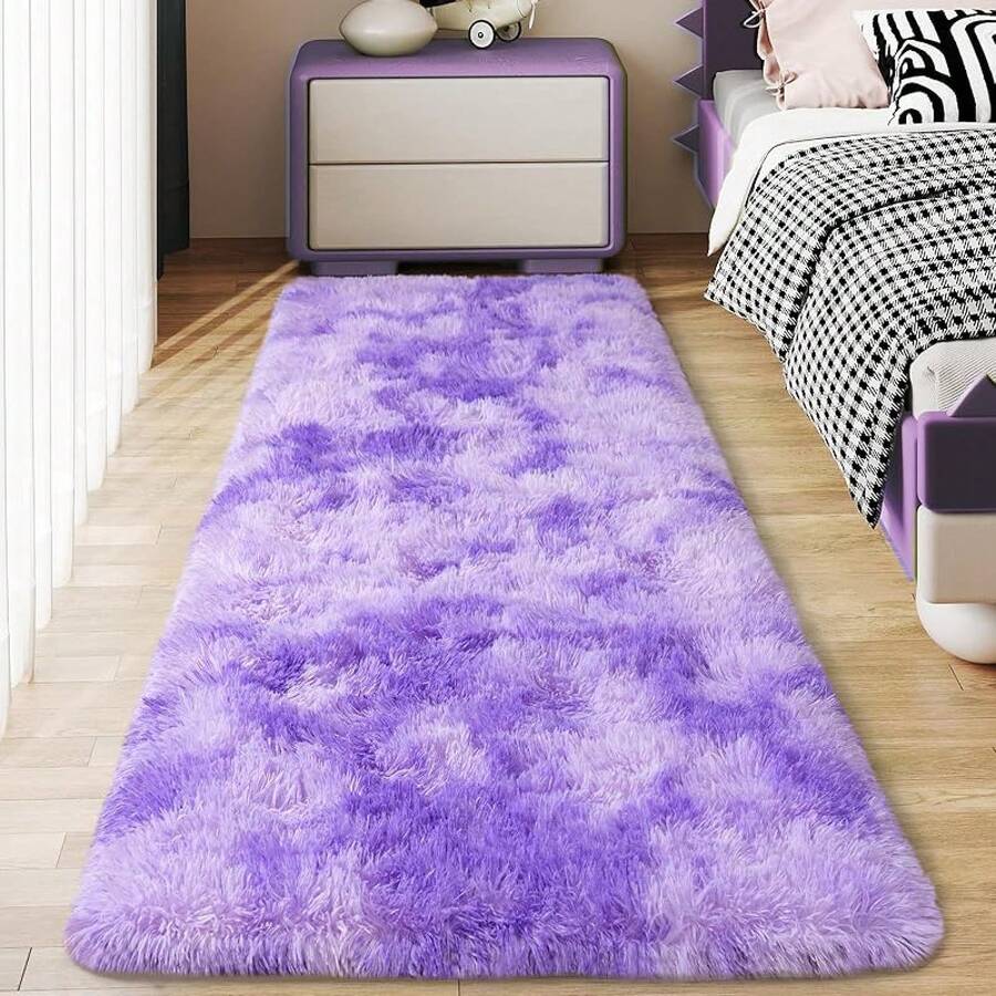 Soft Fluffy Shag Throw Area Rug, 2x4 Black, Non-Slip Bedroom, Hallways, Bedside, Dorm, Living Room - Long Shaggy Rug - 紮染紫色 - 查看 1