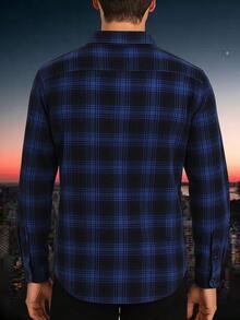 Mens Checkered Flannel Front Button-Up Casual Long Sleeve Shirt Date Night Husband   Plaid    Fall  Spring  Spring/Fall  Winter  All    Regular Fit    Button - Navy Sky - View 3
