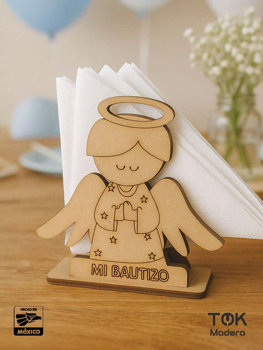 Servilletero Ángel para Bautizo en MDF – Decoración Especial para Eventos Espirituales, Mesas de Dulces o Recuerdos Personalizados - CAF - Ver 1
