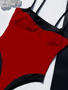 女士红黑吊带时尚连体泳衣，适合度假海滩夏季穿着 - 紅黑色 - 查看 3