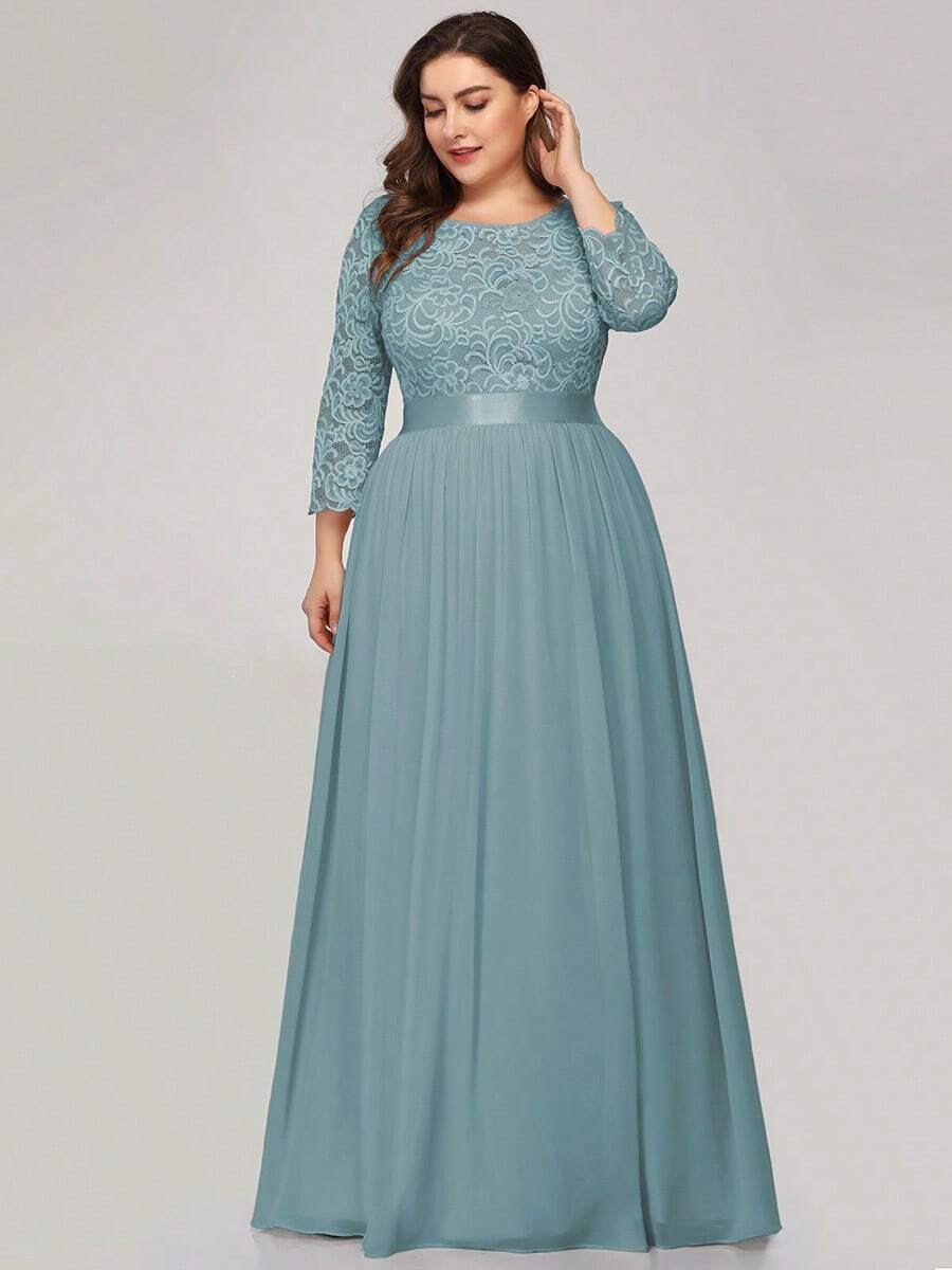 EVERPRETTY Women's Solid Color Elegant Chiffon Lace Patchwork Evening Dress - Baby Blue - View 1