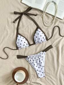 两件套几何图案和热带花卉印花休闲可爱优雅性感波西米亚风系带比基尼套装，女士沙滩度假泳装，春夏款 - 白色 - 查看 2