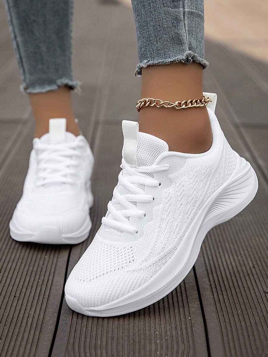 Women's Breathable Mesh Sneakers, Lightweight White Athletic Running Shoes For Women, Fashion Casual Walking Shoes With Anklet - Perfect Gift Idea - 白色 - 查看 1