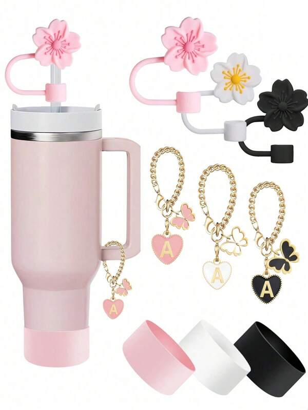 Accesorios diseñados para tazas de 30-40 onzas, juego de 3 piezas/2 piezas que incluye: marcador de taza con letra rosa, tapas de sorbete de silicona con flor de hibisco, funda protectora antideslizante y antirasguños de silicona, tapas reutilizables para sorbetes de gran diámetro de 10 mm, decoraciones con letras lindas adecuadas para tazas de vidrio de estilo minimalista moderno