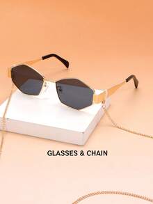 1副复古椭圆形时尚眼镜，女士小金属框时尚眼镜，女士时尚眼镜，沙滩配饰，女士眼镜，秋冬季基本款，商务休闲，夏季海滩度假，户外活动，旅行礼物 - B-金框黑灰片+鏈條 - 查看 5