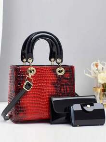 优雅女士迷你鳄鱼纹手提包 - 紅色 - 查看 6