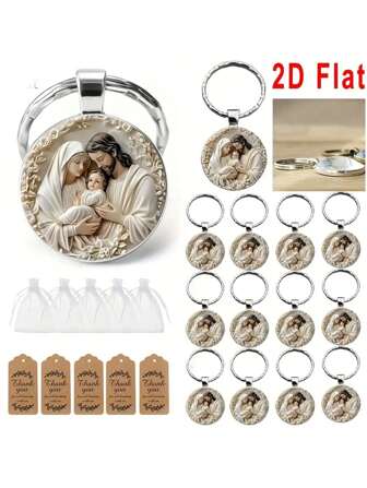 15 件/套 2D 耶稣基督主题钥匙扣，（包括 5 个袋子、5 张卡片、5 个钥匙扣）圆形金属吊坠钥匙扣，圣诞节和节日礼物钥匙扣配件，适合圣诞节、复活节、信仰日常穿着、生日、节日派对、纪念礼物、填充袋、钥匙扣