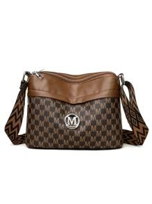 女士时尚M型印花斜挎包，柔软皮革材质中年单肩包，新款春秋设计 - 棕色 - 查看 4