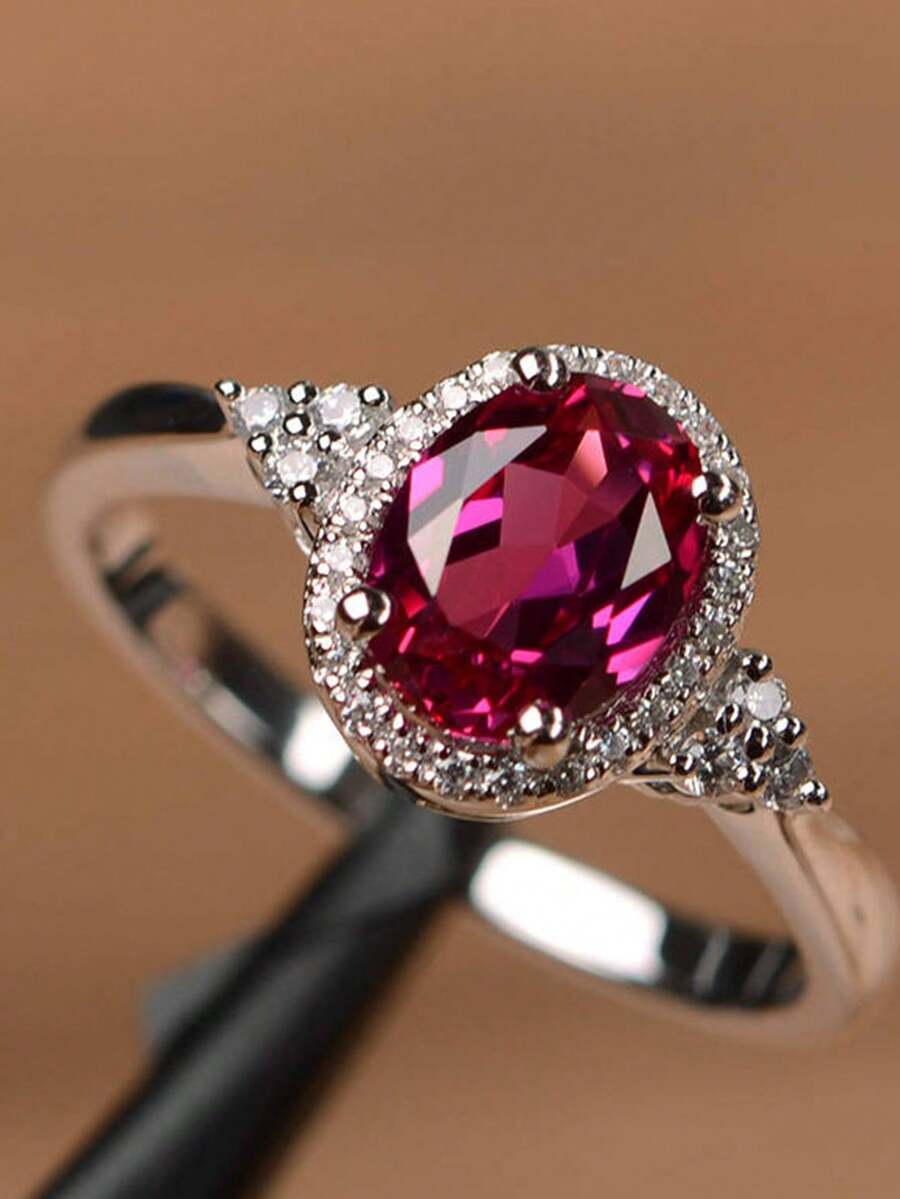 1 PC Elegant Promise Ring Set With Square Round Crimson Sparkling Water Diamond Wedding Jewelry For Bridal Party Decoration Perfect Anniversary Gift - 銀色 - 查看 1