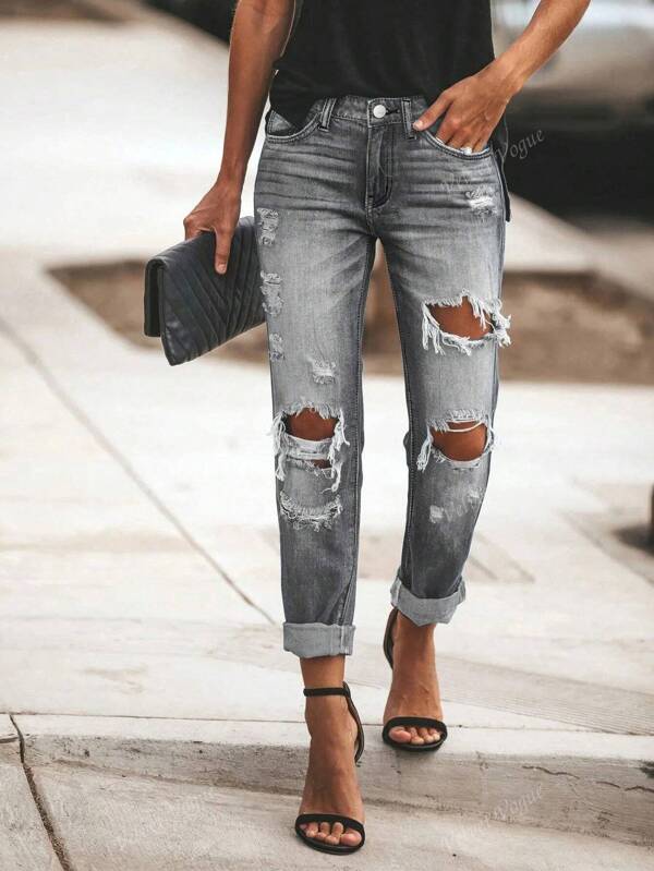 Zerrissene gerade geschnittene Jeans, Damen Mode elastische hochgezogene Taille lange Hosen