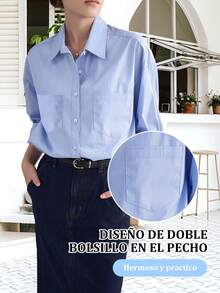 Camisa informal de manga larga ajustada para mujer, diseño de cuello alto, con bolsillos laterales dobles, adecuada para oficina, ocio y uso diario - Azul - Ver 3