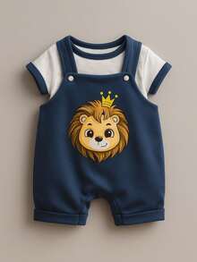 Baby Boy's Overalls Set + Lion-Themed T-Shirt Newborn RN - Navy Blue - View 1